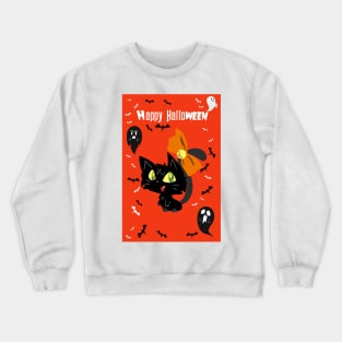 Orange Happy Halloween - Black Cat with a Bow Crewneck Sweatshirt